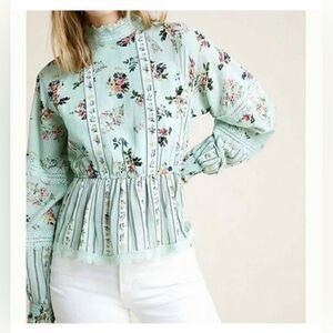 Anthropologie Hemant & Nandita Amour Green Floral & Lace Peplum Blouse XS